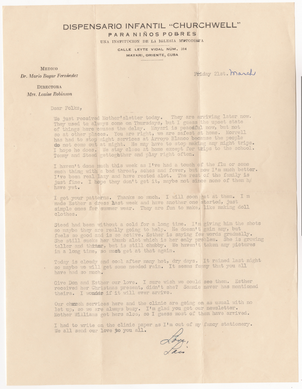 A letter from Lois to her parents, Donald and Elsie, mentioning that her mother&#039;s last letter was delayed, sharing that the political unrest has made it so that Morrell has had to stop night services in the town over and that they might stop making night trips altogether, noting that she recently recovered from a mild flu, thanking them for the sewing patterns, giving an update on the children, describing the recent weather, sending well wishes to family friends, and assuring them that she and Morrell are busy as always with the church and clinic.