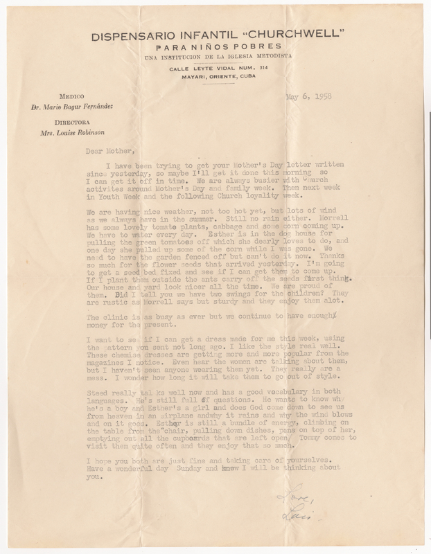 A letter from Lois to her mother, Elsie, wishing her a happy Mother&#039;s Day, mentioning how busy they have been with the church, discussing the nice weather and the success of the family garden, thanking her for sending along some flower seeds which Lois plans to plant them in a seed box, sharing that the clinic is as busy as ever, discussing how she&#039;d like to get a dress made based on the patterns Elsie sent, sharing her thoughts on some recent trends in dress styles, and giving an update on the children.