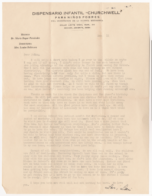 A letter from Lois to her parents, Donald and Elsie, sharing that the electric plant has run out of fuel so they no longer have electricity in town and are reliant on candles and lamps, mentioning that Blanca has been a huge help as they are forced to use work arounds for many regular household things, thanking them for sending money for Christmas and Steed&#039;s birthday, mentioning that food prices have drastically increased and that they will have to use some of the work funds to help cover some of their living expenses, discussing her sewing projects, mentioning that she may try and visit Florida in January depending on the continuing situation and where she decides will be best to have the baby, and giving an update on the children and their preparations for the new baby.
