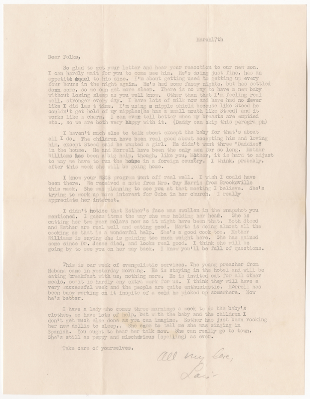 A letter from Lois to her parents, Donald and Elsie, giving them an update on the new baby and how the family is adjusting to the new addition, sharing that she has been in good health and is feeling better each day, describing how good Steed and Esther have been with George, mentioning that Morrell&#039;s mother has been a huge help in handling the household, congratulating them on a successful women&#039;s society event, giving a small update on Steed and Esther, mentioning that Morrell&#039;s mother might stop by on her way home, and describing the planned week of evangelistic services,.