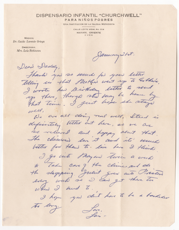 A letter from Lois to her father, Donald, thanking him for letting them know Elsie went up to visit Esther (sister), mentioning that she plans to send Elsie&#039;s birthday letter to Esther&#039;s, sharing that Steed has been doing much better living at the school and that the children are enjoying it, discussing how she goes into Mayari twice a week to work at the clinic and do the shopping, and mentioning that Juliet (of the Milk family?) travels to Preston every week so Lois can join if she needs.