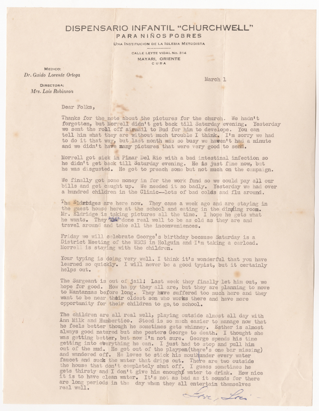 A letter from Lois to her parents, Donald and Elsie, letting them know Morrell send a roll of film to be developed in Florida and asking them to help the developer identify them, mentioning that Morrell fell ill during his trip and is now well and safely home, sharing that they&#039;ve received money from the work fund so they could cover the bills, discussing how busy the clinic has been, sharing that the Eldridges are visiting, discussing how they will be celebrating George&#039;s birthday early, complimenting them on their typing, reporting that the Sargeant has been released from jail and has returned to his family, and giving an update on all the children.