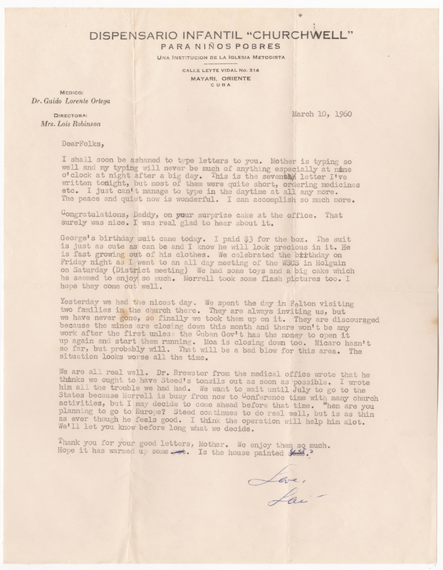 A letter from Lois to her parents, Donald and Elsie, praising Elsie&#039;s typing skills, discussing how many letters she&#039;s been writing, congratulating Donald on his surprise cake at work, describing George&#039;s new suit and the family&#039;s celebration of his birthday, discussing the family&#039;s visit to Felton, mentioning that many of the region&#039;s mines have been closing and causing an economic blow to the people, sharing that Steed&#039;s doctor has recommended having his tonsils removed, and asking when they plan to travel to Europe.