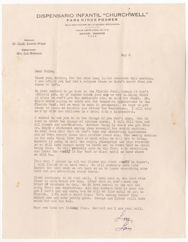 A letter from Lois to her parents, Donald and Elsie, thanking them for their letter, sharing that they have decided to return to the Florida Conference although it is not official yet, asking them to send a set of change of address cards and to help them get proof that they bought their sewing machine over five years ago, explaining how they&#039;ve begun going about packing for the move, and giving an update on all the children.