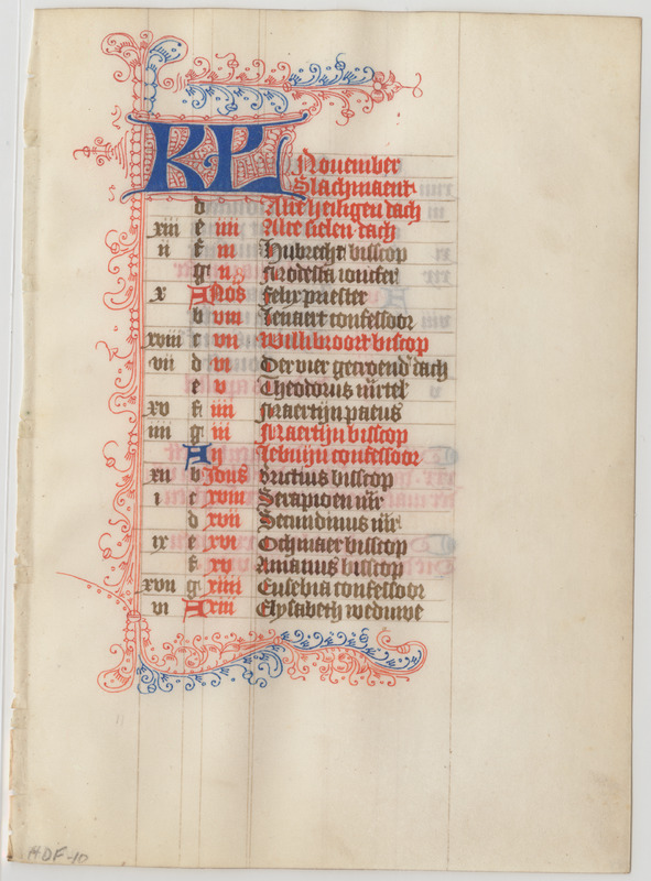 A vellum leaf featuring a liturgical calendar with decorative text, initial letters, and three-sided border all in red and blue inks.