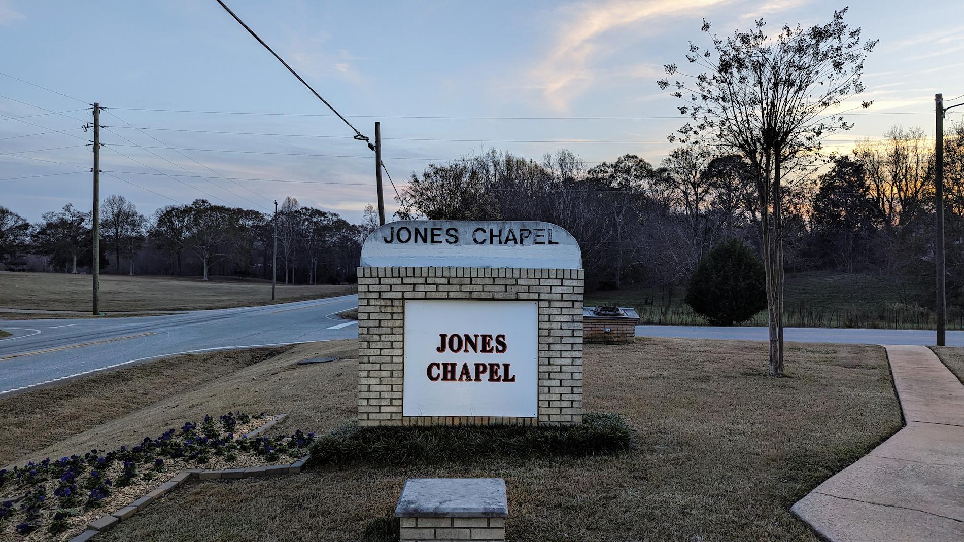 Jones Chapel church sign, the text &quot;United Methodist Church&quot; painted over.